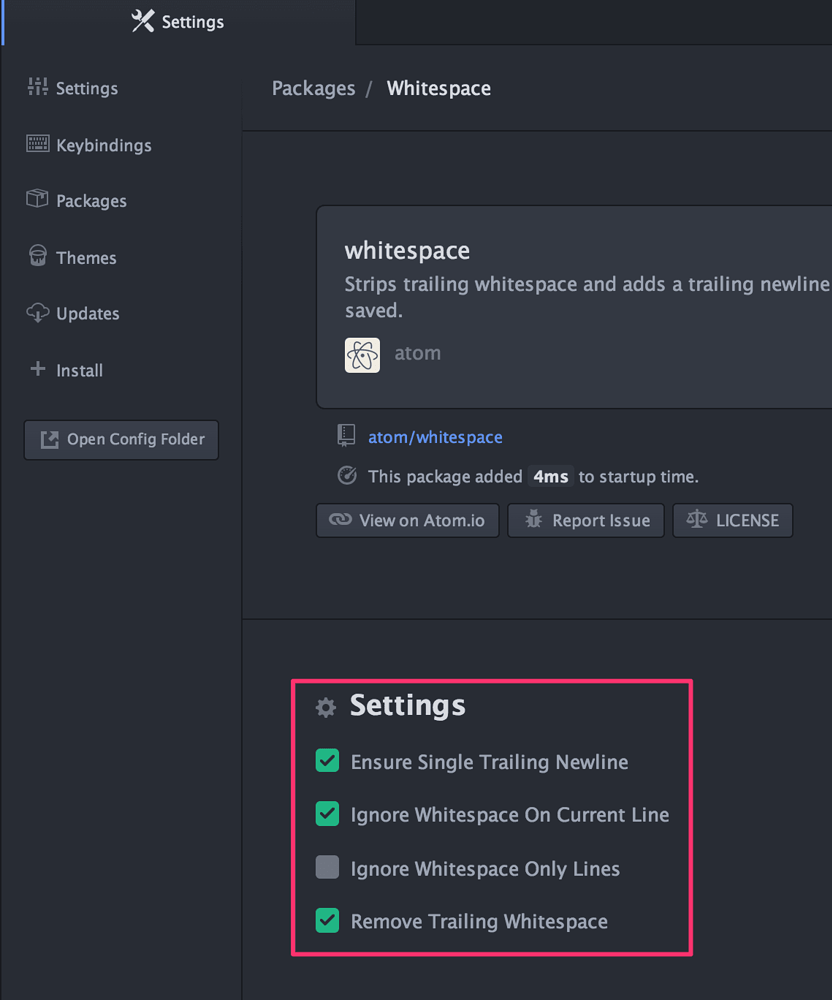 Whitespace package settings