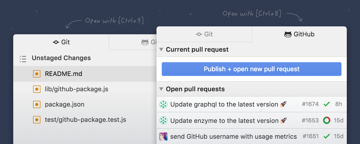The Git and GitHub panels